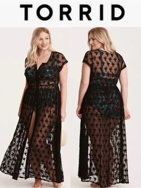 TORRID BLACK FLORAL LACE CROCHET MAXI SWIM COVER UP SHEER BUTTON FRONT 4X *NWT*